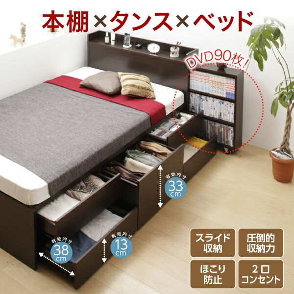 マラソン10倍中 ベッド シングルベッド 収納付きベッド マットレス付き 収納 収納付 収納ベッド コンセント付 大容量 収納ボックス 引き出し キャスター付き お客様組立 スタンダードボンネルコイルマットレス付 チェスト収納 シングル
