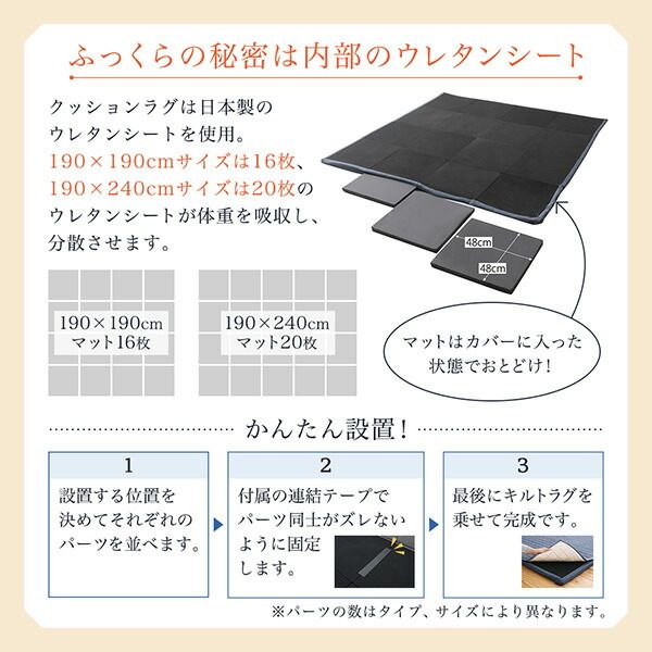 スーパSALE10倍＆4時間限定10％OFF ラグ ラグが洗える こたつにもピッタリ コーナークッションラグ キルトラグ単品 190×240cm