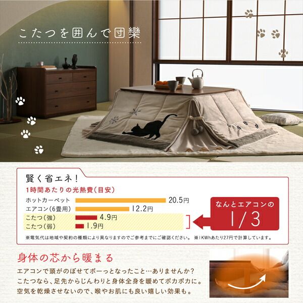 スーパSALE10倍＆4時間限定10％OFF こたつ布団セット シルエットが可愛い！ 猫柄省スペースこたつ布団 掛布団&敷布団2点セット 正方形(75×75cm)天板対応