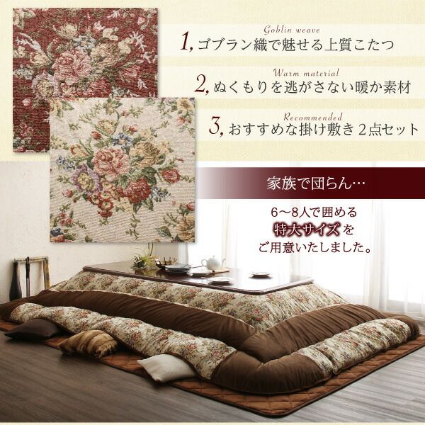 スーパSALE10倍＆4時間限定10％OFF こたつ布団セット ゴブラン織 花柄国産こたつ布団 掛布団&敷布団2点セット 正方形(80×80cm)天板対応