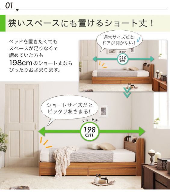 マラソン10倍中 ベッド ショート丈 ベッドフレーム マットレス付き 収納付き 木製 コンセント付き 収納ベッド コンパクト 引き出し付き ホワイト シャビー セミシングルベッド スタンダードポケット付き