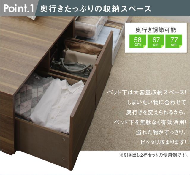 マラソン10倍中 ベッド ベッドフレーム マットレス付き フィッツ 木製 収納付きベッド 引き出し付き ヘッドレス 薄型スタンダードボンネルコイルマットレス付き ハイタイプ 引き出し4杯 セミダブル