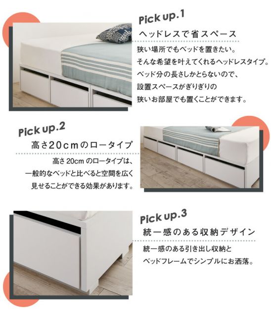 マラソン10倍中 ベッド ベッドフレーム マットレス付き フィッツ 木製 収納付きベッド 引き出し付き ヘッドレス 薄型プレミアムボンネルコイルマットレス付き ロータイプ 引き出し4杯 シングル