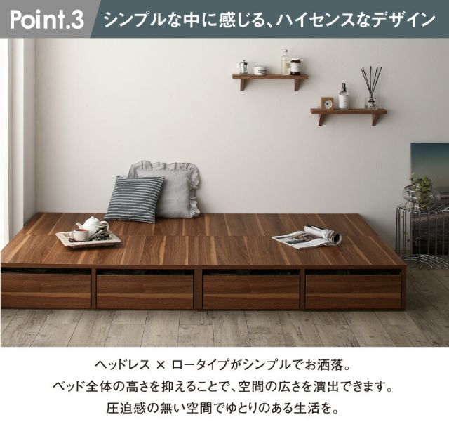マラソン10倍中 ベッド ベッドフレーム マットレス付き フィッツ 木製 収納付きベッド 引き出し付き ヘッドレス 薄型プレミアムポケットコイルマットレス付き ロータイプ 引き出し2杯 シングル