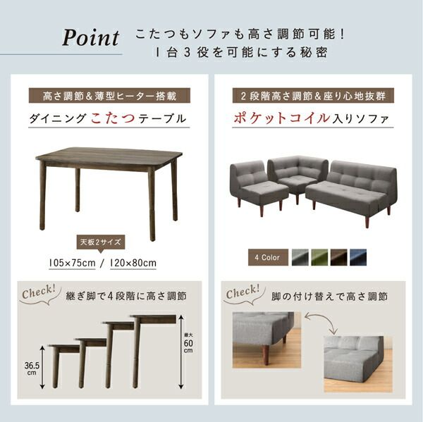 スーパSALE10倍＆4時間限定10％OFF ダイニングセット（テーブル&ソファ） こたつもソファも高さ調節できるリビングダイニング 3人 4点セット(テーブル+2Pソファ1脚+1Pソファ1脚+コーナーソファ1脚) W120
