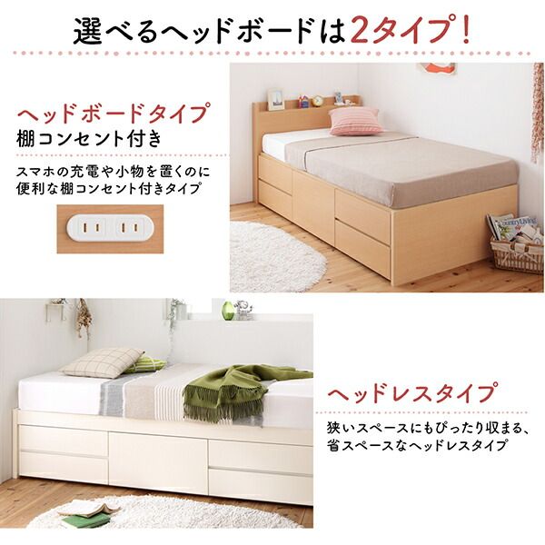マラソン10倍中 お客様組立 日本製 大容量コンパクトすのこチェスト収納ベッド 薄型プレミアムボンネルコイルマットレス付き ヘッド付き シングル