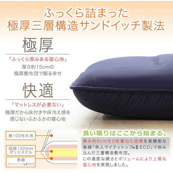 スーパSALE10倍＆4時間限定10％OFF MITAS寝具SELECT 敷き布団 マットレス 日本製 厚み15cm 極厚三層構造 ふかふか寝心地敷布団 セミダブル