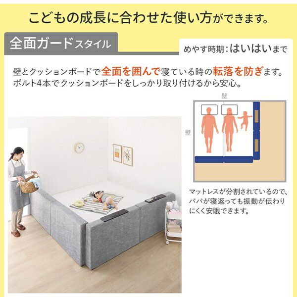 マラソン10倍中 クッションボード連結ローベッド ベッドフレームのみ フラットタイプ+棚付クッション クイーン(SS×2)