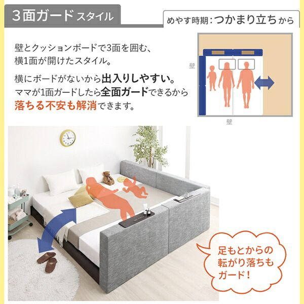 マラソン10倍中 クッションボード連結ローベッド ベッドフレームのみ フラットタイプ+棚付クッション クイーン(SS×2)