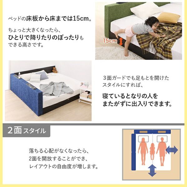 マラソン10倍中 クッションボード連結ローベッド ベッドフレームのみ フラットタイプ+棚付クッション クイーン(SS×2)
