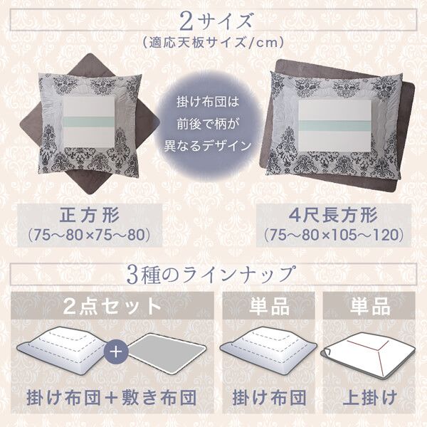 スーパSALE10倍＆4時間限定10％OFF ダマスク柄フランネルこたつ布団 掛布団&敷布団2点セット 正方形(75×75cm)天板対応