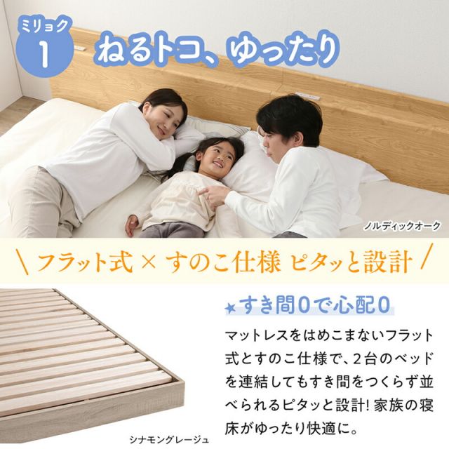 マラソン10倍中 ベッド ロータイプ フロアベッド ローベッド シングルベッド ダブルベッド 連結 すのこ 天然木 ベッドフレーム ファミリーベッド 木製 宮付き コンセント付 すのこベッド 敷布団付き WK240（S＋D）