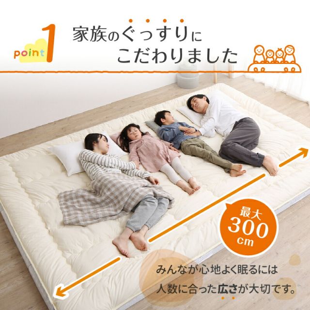 MITAS寝具SELECT 敷布団 敷き布団 マットレス  ワイドキング ファミリー 大きい 大きいサイズ 子供 家族 5人 4人 3人 布団 収納 折りたたみ 日本製 抗菌 防臭 防ダニ 綿100% 軽量 すき間パッド 連結 ふわふわ 洗える 上層部単品 幅300cm 厚さ3cm