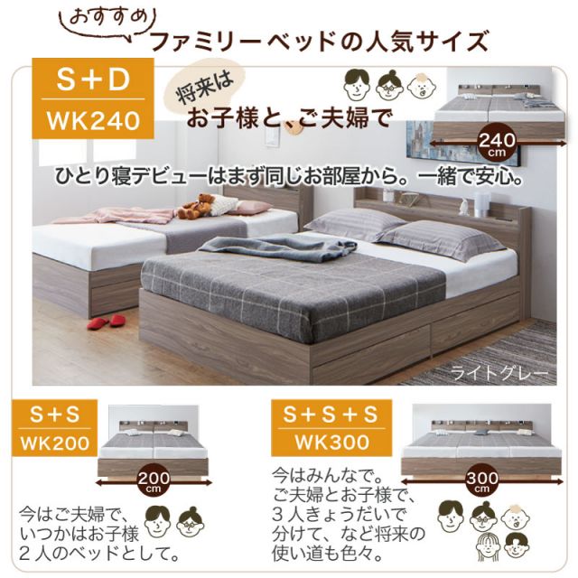 マラソン10倍中 ベッド 連結ベッド 収納ベッド ファミリーベッド 連結 ベッドフレーム 収納付き 収納 グレー ブラウン 白 黒 宮付 おしゃれ 2コンセント すのこ ファミリー フレームのみ シングル シングル2つ セミダブル ダブル ワイド ダブル キング