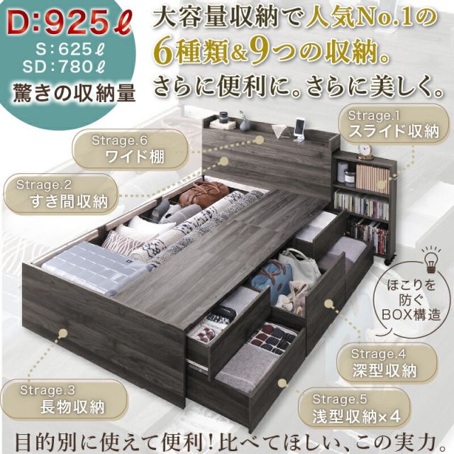 ベッド 収納付きベッド シングルベッド セミダブルベッド ダブルベッド ベット フレーム チェスト 収納 収納ベッド 大容量 キャスター付 一人暮らし グレー 白 ブラウン 宮付 おしゃれ ベッドフレームのみ シングル セミダブル ダブル