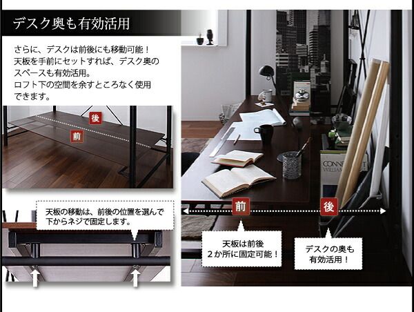 スーパSALE10倍＆4時間限定10％OFF ロフトベッド 階段 階段付き ハイタイプ ロフト ベッド システムベッド パイプ パイプベッド 収納 宮付き コンセント付 3段可動デスク&コンセント宮棚付きロフトベッド シングル ベッドフレームのみ 組立設置付