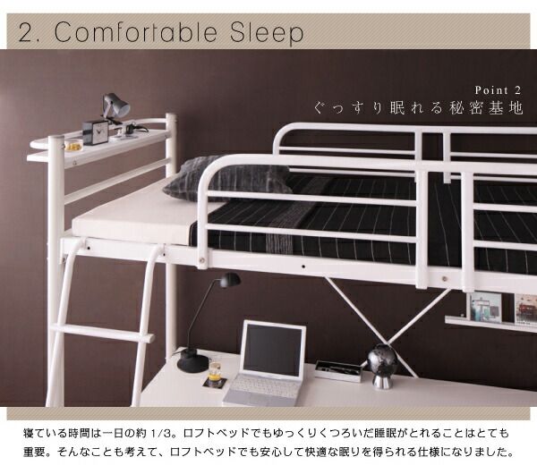 スーパSALE10倍＆4時間限定10％OFF ロフトベッド 階段 階段付き ハイタイプ ロフト ベッド システムベッド パイプ パイプベッド 収納 宮付き コンセント付 3段可動デスク&コンセント宮棚付きロフトベッド シングル ベッドフレームのみ 組立設置付