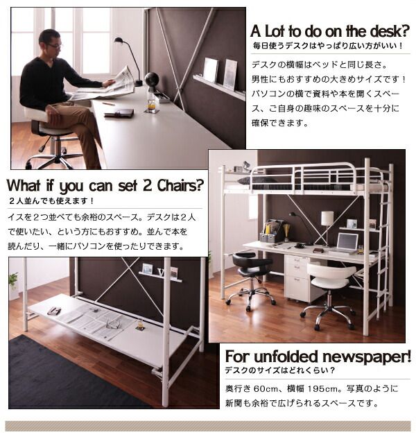 スーパSALE10倍＆4時間限定10％OFF ロフトベッド 階段 階段付き ハイタイプ ロフト ベッド システムベッド パイプ パイプベッド 収納 宮付き コンセント付 3段可動デスク&コンセント宮棚付きロフトベッド シングル ベッドフレームのみ 組立設置付