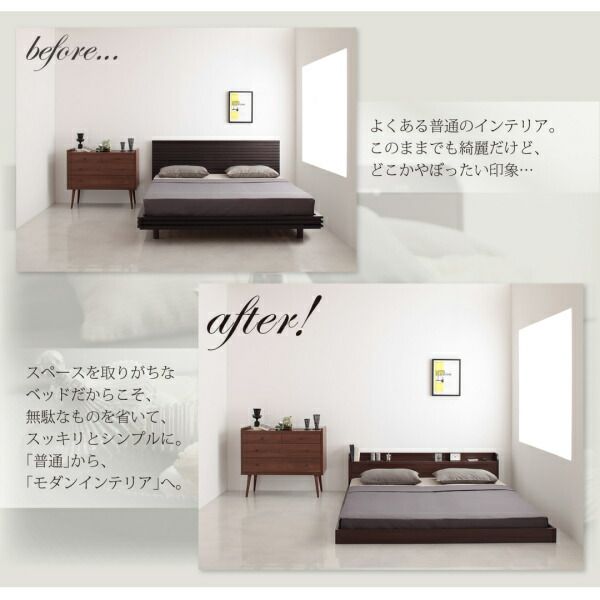 棚・コンセント付きモダンデザインフロアベッド スタンダードボンネルコイルマットレス付き セミダブル 組立設置付