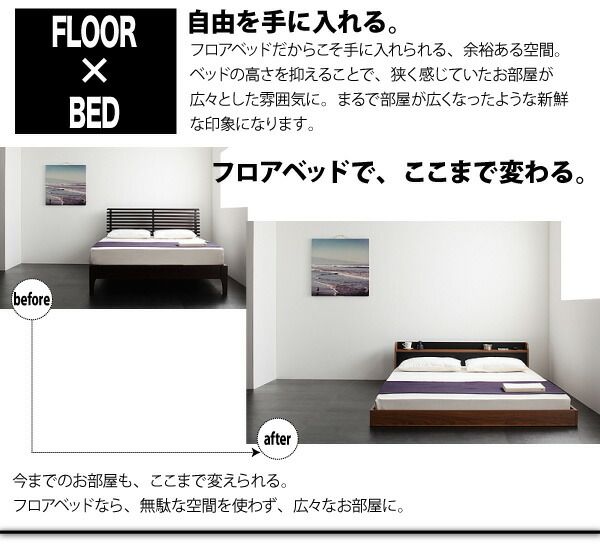 棚・コンセント付きバイカラーデザインフロアベッド スタンダードボンネルコイルマットレス付き セミダブル 組立設置付