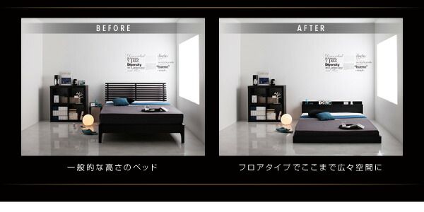 スーパSALE10倍＆4時間限定10％OFF 照明&隠し収納付き/モダンデザインフロアベッド スタンダードポケットコイルマットレス付き セミダブル 組立設置付