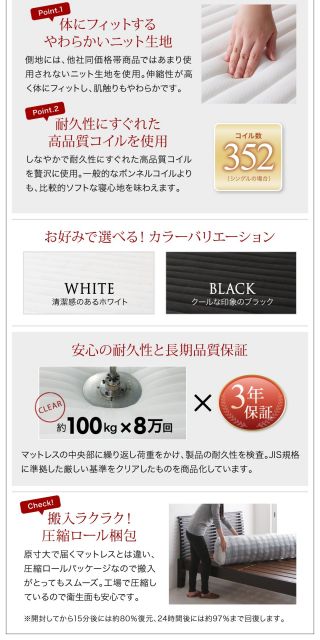 棚・コンセント付きフロアベッド スタンダードボンネルコイルマットレス付き セミダブル 組立設置付