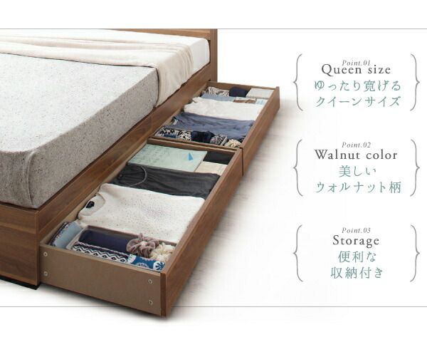 スーパSALE10倍＆4時間限定10％OFF 棚・コンセント付収納ベッド 国産カバーポケットコイルマットレス付き クイーン(Q×1） 組立設置付