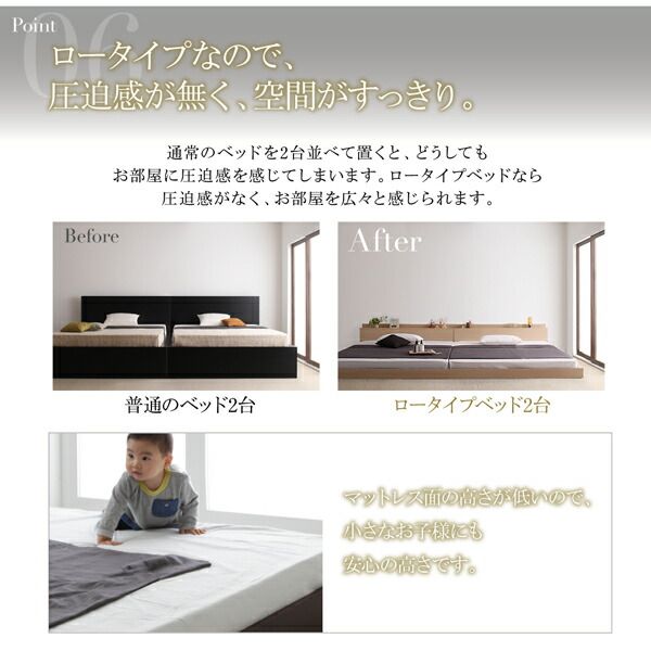 スーパSALE10倍＆4時間限定10％OFF ファミリー ベッド 連結ベッド 大型ベッド 家族ベッド 親子ベッド ローベッド フロアベッド ファミリーベッド 家族 北欧 おしゃれ スタンダードポケットコイル マットレス付きクイーン(SS×2) 組立設置付