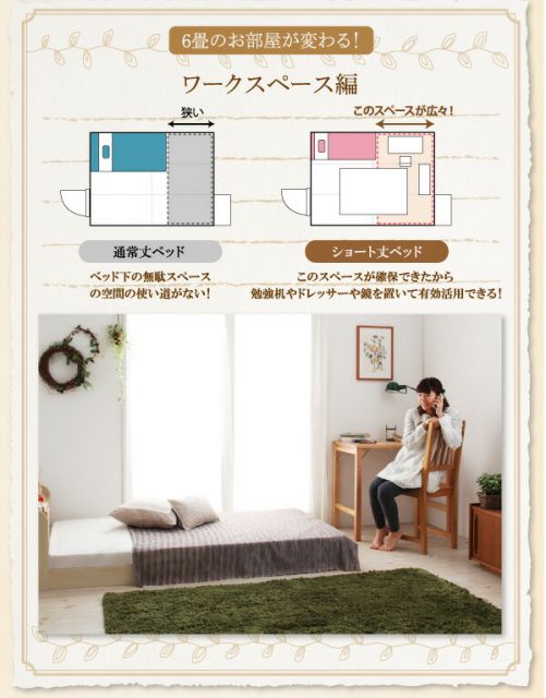 ショート丈棚・コンセント付きフロアベッド スタンダードポケットコイルマットレス付き セミシングル ショート丈 組立設置付