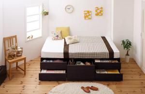 スーパSALE10倍＆4時間限定10％OFF シンプルデザイン_大容量チェストベッド 薄型スタンダードポケットコイルマットレス付き ダブル 組立設置付