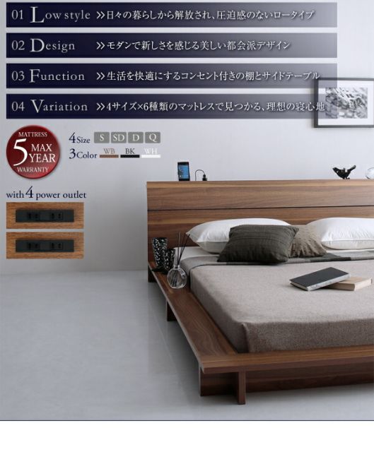 スーパSALE10倍＆4時間限定10％OFF 棚・4口コンセント付きデザインフロアローベッド プレミアムボンネルコイルマットレス付き ダブル 組立設置付