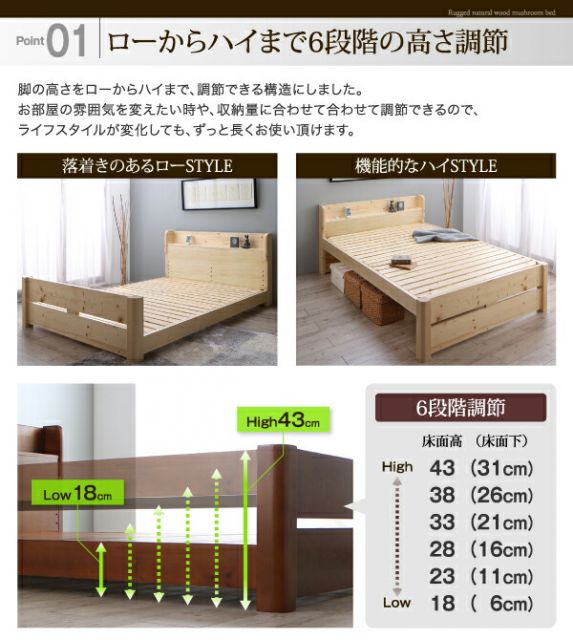 スーパSALE10倍＆4時間限定10％OFF ローからハイまで高さが変えられる6段階高さ調節 頑丈天然木すのこベッド マルチラススーパースプリングマットレス付き セミダブル 組立設置付