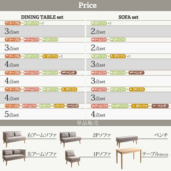 スーパSALE10倍＆4時間限定10％OFF 北欧デザインソファ リビングダイニングセット 4点セット(テーブル＋2Pソファ1脚+アームソファ1脚+ベンチ1脚) 左アーム W115 組立設置付