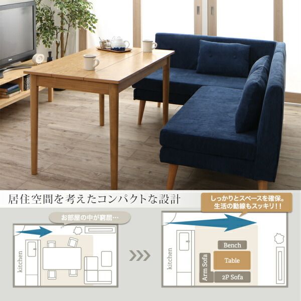スーパSALE10倍＆4時間限定10％OFF 北欧デザインソファ リビングダイニングセット 4点セット(テーブル＋2Pソファ1脚+アームソファ1脚+ベンチ1脚) 左アーム W115 組立設置付