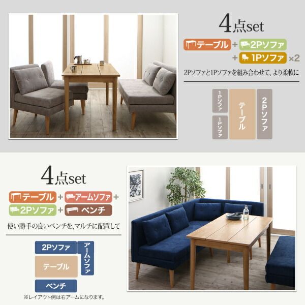 スーパSALE10倍＆4時間限定10％OFF 北欧デザインソファ リビングダイニングセット 4点セット(テーブル＋2Pソファ1脚+アームソファ1脚+ベンチ1脚) 左アーム W115 組立設置付