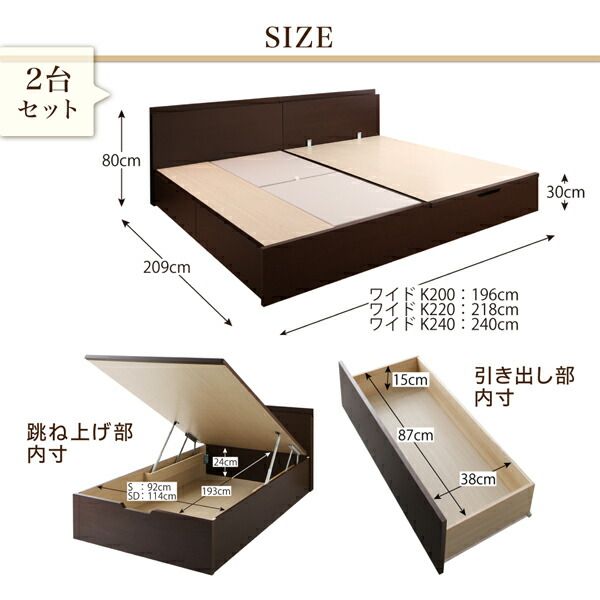 スーパSALE10倍＆4時間限定10％OFF 収納付きベッド シングルベッド セミダブルベッド 収納 収納付き 収納ベッド 大容量 収納ボックス 布団 敷き布団 ベッドフレームのみ A(S)+B(SD)タイプ ワイドK220 組立設置付