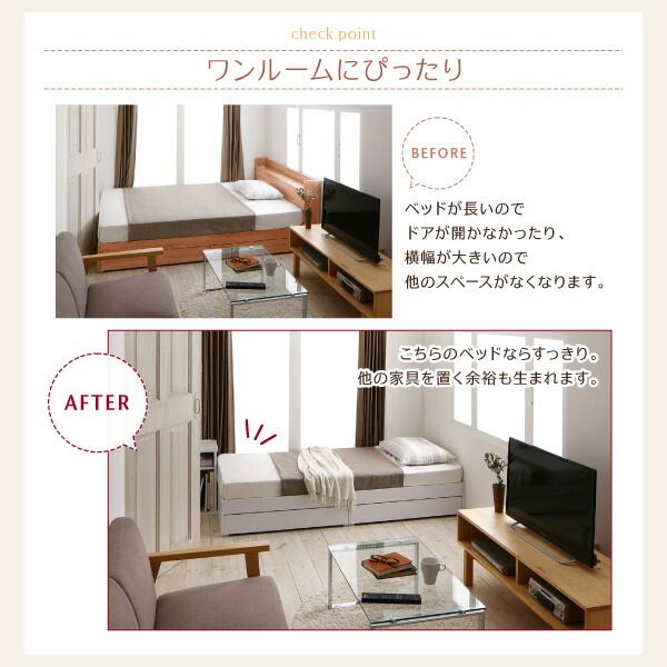 スーパSALE10倍＆4時間限定10％OFF 収納付きベッド 収納  引き出し付き コンパクト 180 ショート おしゃれ 狭い部屋 一人暮らし 子供部屋 薄型スタンダードポケットコイルマットレス付き セミシングル ショート丈 専用ボックスシーツ&敷パッド付 棚セット 組立設置付
