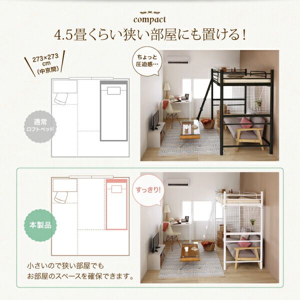 スーパSALE10倍＆4時間限定10％OFF コンパクトロフトベッド ベッドフレームのみ セミシングル ショート丈 組立設置付