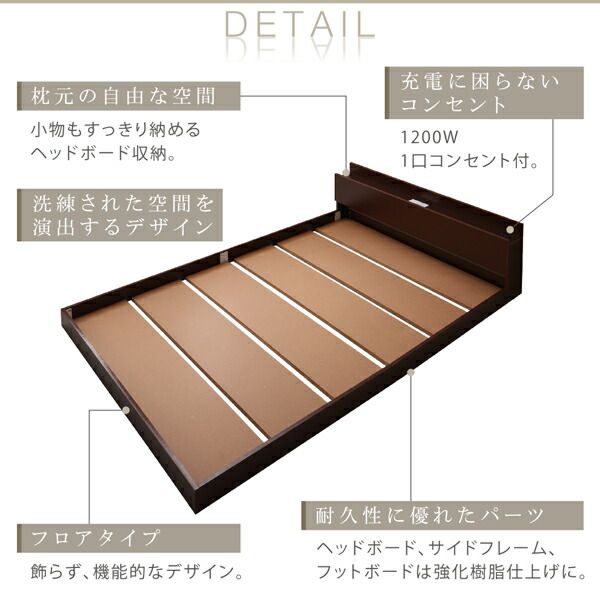 棚・コンセント・ライト付きシンプルモダンフロアベッド スタンダードポケットコイルマットレス付き シングル 組立設置付