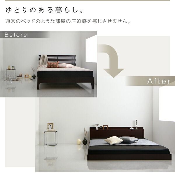 棚・コンセント・ライト付きシンプルモダンフロアベッド スタンダードポケットコイルマットレス付き シングル 組立設置付