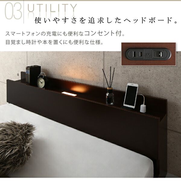 棚・コンセント・ライト付きシンプルモダンフロアベッド スタンダードポケットコイルマットレス付き シングル 組立設置付