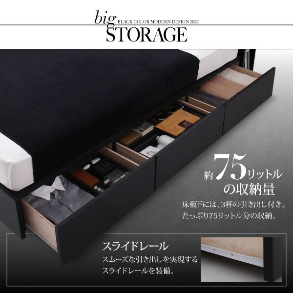 ブラックモダンベッド   ボンネルコイルマットレスセット ダブル 組立設置付