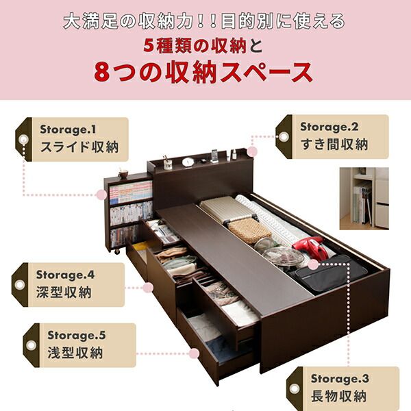 スーパSALE10倍＆4時間限定10％OFF MITAS寝具SELECT ベッド ベット 収納付きベッド セミシングル 宮付き 大容量 一人暮らし おしゃれ コンパクト 子供 女性 180 キッズ ベビー 日本製 組立設置付 薄型プレミアムポケットコイルマットレス付 セミシングル ショート丈