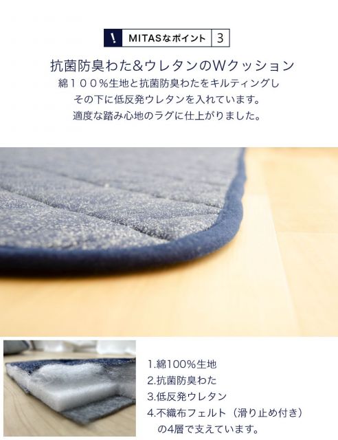 綿100％生地デニム風プリント 洗えるキルティングラグ 190x190cm（抗菌防臭わた・ウレタン使用・すべりにくい加工）