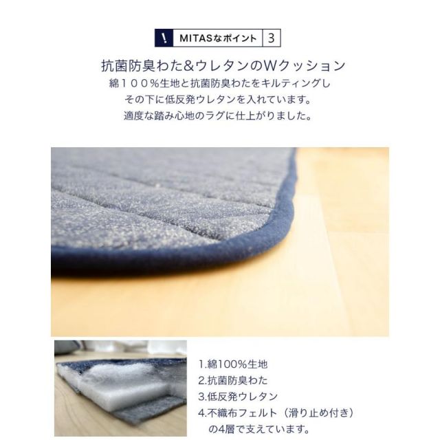綿100％生地デニム風プリント 洗えるキルティングラグ 200x240cm（抗菌防臭わた・ウレタン使用・すべりにくい加工）