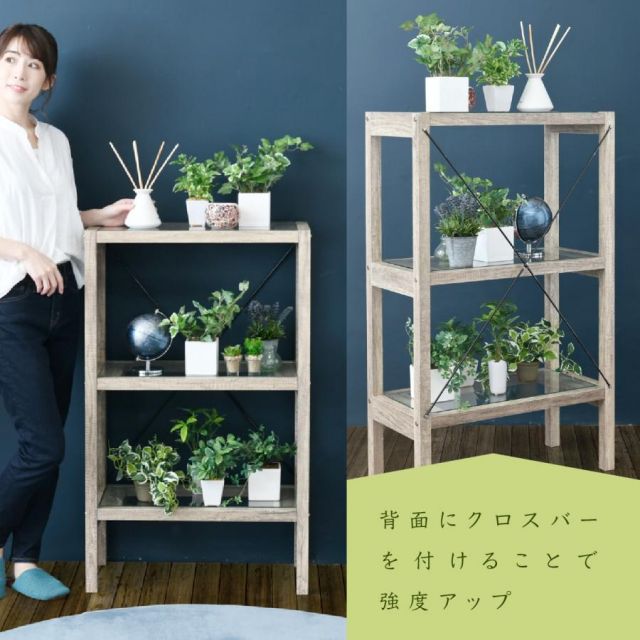 スーパSALE10倍＆4時間限定10％OFF ボタニカル 花台 鉢置き台 ラック 3段 フラワースタンド 古材 ガラス シャビ— 観葉植物 インテリア 幅60 奥行30 高さ100 オープンシェルフ MI