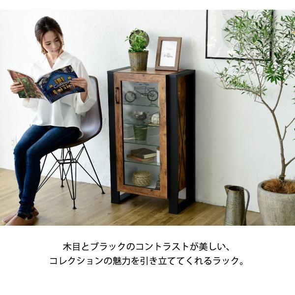 スーパSALE10倍＆4時間限定10％OFF コレクションラック 棚 高さ 90cm 可動棚 飾り棚 ディスプレイ 扉付き ガラス 扉 ガラス棚 アンティーク風 インダストリアル フィギュア 強化ガラス 透明 収納 MI