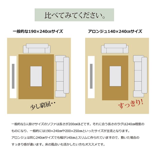 ラグ カーペット 2畳 『アロンジュ』 約140×240cm 裏:すべりにくい加工 （ホットカーペット対応）