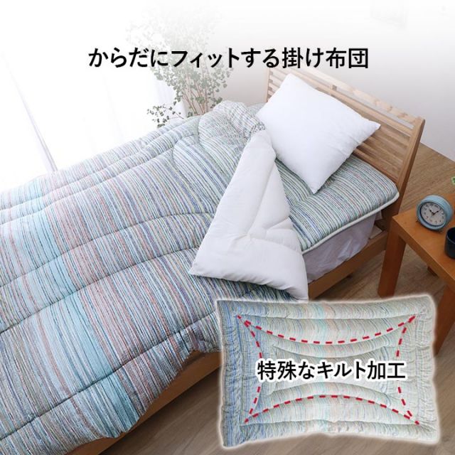 スーパSALE10倍＆4時間限定10％OFF 寝具 洗える 清潔 組布団 東レft綿 日本製 シングルロング 掛け約150×210cm 敷き100×210cm イリス マルチブルー