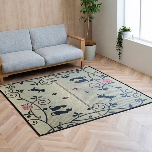 い草ラグ ラグ カーペット 3畳 長方形 かわいい 猫 ねこ ネコ 『DXクロネコ』 約176×230cm （裏:不織布）